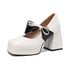 Women Mary Janes Pumps Square Toe Block Heels Splicing Color Bow Pumps With Lace Up - White