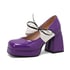 Women Mary Janes Pumps Square Toe Block Heels Splicing Color Bow Pumps With Lace Up - Purple