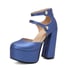 Women Pumps Round Toe Block Heels Platform Pumps With Zipper - Blue