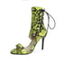 Women Stiletto Heels Open Toe Lace Up Snake Pattern Sandals With Zipper - Yellow