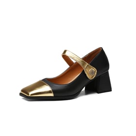 Women Mary Janes Pumps Square Toe Block Heels Splicing Pumps With Buckle