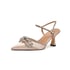 Women Heels Sandals Double Rhinestone Bow Kitten Heel Ankle Strap Pointed Toe Sandals Slip On Summer Pumps Shoes - Nude