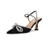 Women Heels Sandals Double Rhinestone Bow Kitten Heel Ankle Strap Pointed Toe Sandals Slip On Summer Pumps Shoes - Black