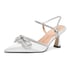 Women Heels Sandals Double Rhinestone Bow Kitten Heel Ankle Strap Pointed Toe Sandals Slip On Summer Pumps Shoes - White
