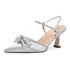 Women Heels Sandals Double Rhinestone Bow Kitten Heel Ankle Strap Pointed Toe Sandals Slip On Summer Pumps Shoes - Silver