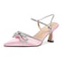 Women Heels Sandals Double Rhinestone Bow Kitten Heel Ankle Strap Pointed Toe Sandals Slip On Summer Pumps Shoes - Pink