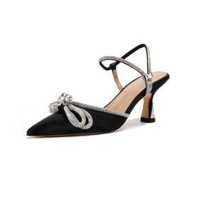 Women Heels Sandals Double Rhinestone Bow Kitten Heel Ankle Strap Pointed Toe Sandals Slip On Summer Pumps Shoes