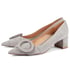 Women Heeled Pumps Pointed Toe Round Buckle Block Heels Pumps Slip On Spring Shoes - Gray