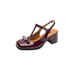 Women Mary Janes Pumps Slingback Rhinestone Bow Block Heels Hollow Out Square Toe Pumps With Rhinestone Buckle Spring Shoes