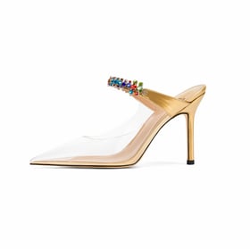 Women Heeled Mules Rhinestone Strappy Clear Heels Pointed Toe Stiletto Slip On Bridal Sandals for Women