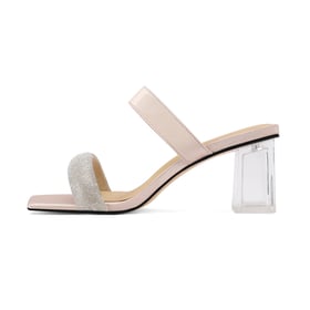 Women Clear Heeled Sandals Rhinestone Strap Block Heeled Open Square Toe Sandals Summer Shoes