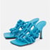 Women Heeled Sandals Knot Open Square Toe Kitten Heels Sandals Slip On Summer Shoes - Blue