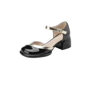 Women Heeled Mary Janes Pumps Splicing Metal Color Ankle Strap Rounde Toe Block Heels Pumps With Buckle Spring Shoes