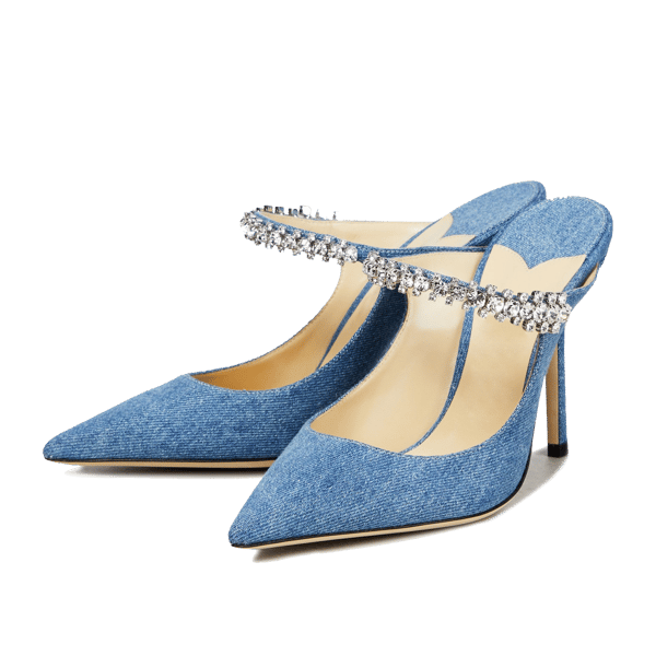 MiraAzzurra Shoes | Crystal Arch Strap Mules 65/100 Denim - 10cm/4" heel