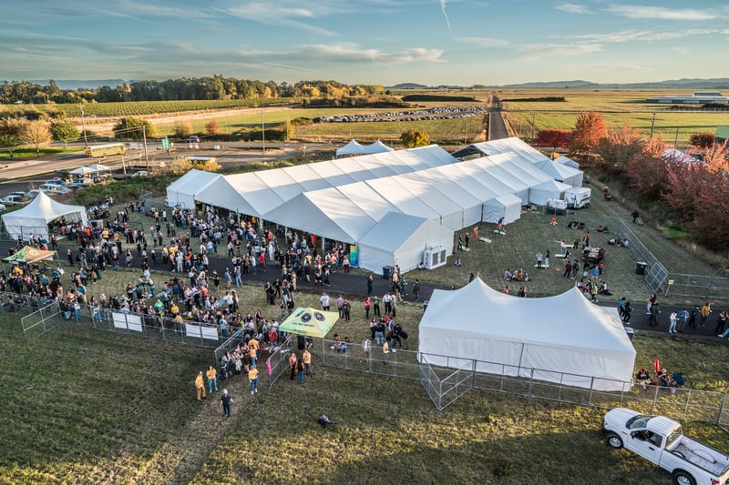 A large outdoor gathering at Harvest Party 2024 with tents and attendees.