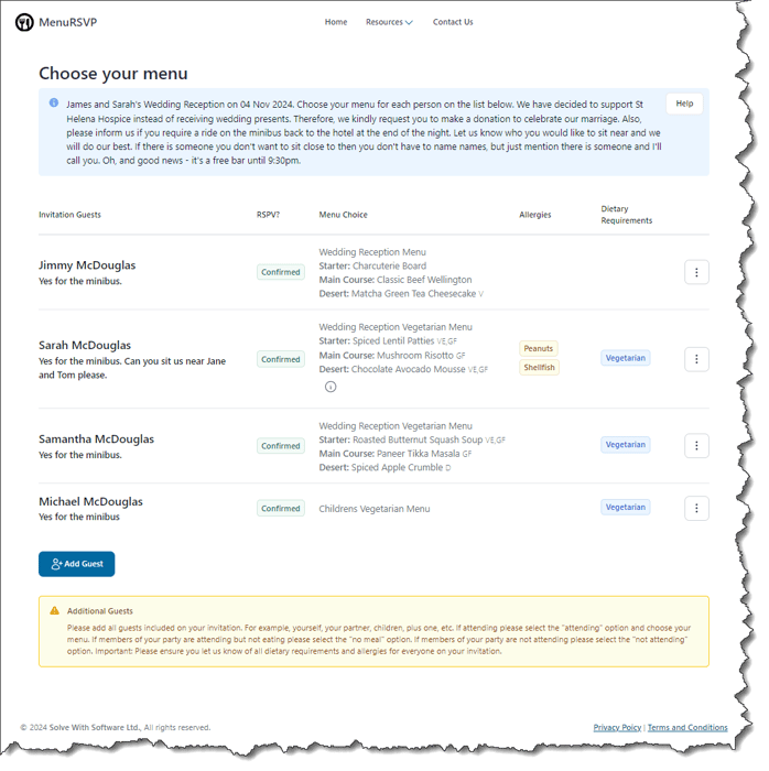 Guest Managing their Menu RSVP
