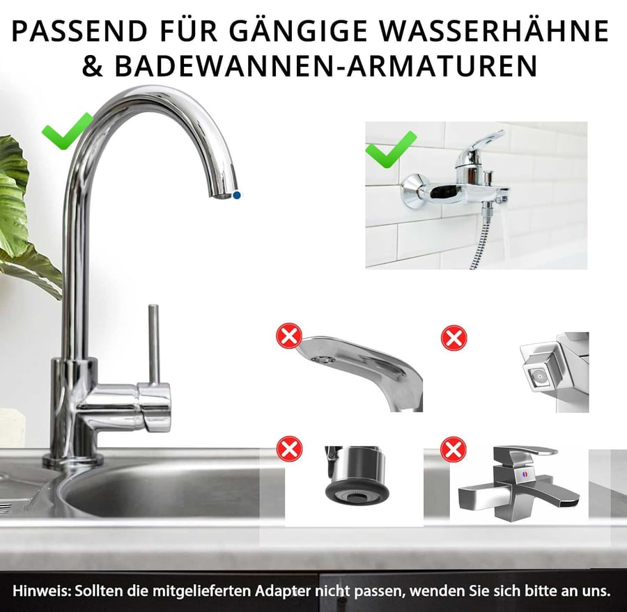 Passende und nicht passende Armaturen: Standard-Auslauf und Wannenarmatur passen, flache, eckige und versenkte Ausläufe nicht