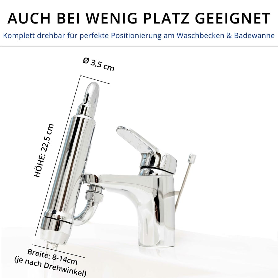 Maße Safety Tap Premium: 22,5 cm hoch, 3,5 cm Durchmesser, 8 bis 14 cm breit je nach Drehwinkel