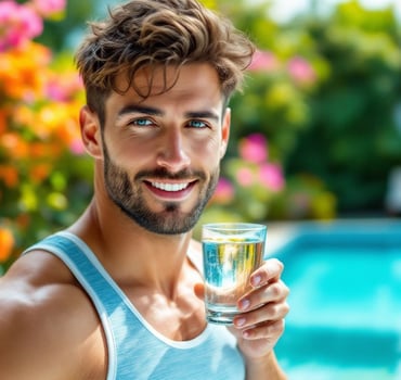 Mann trinkt im Garten basisches Wasser