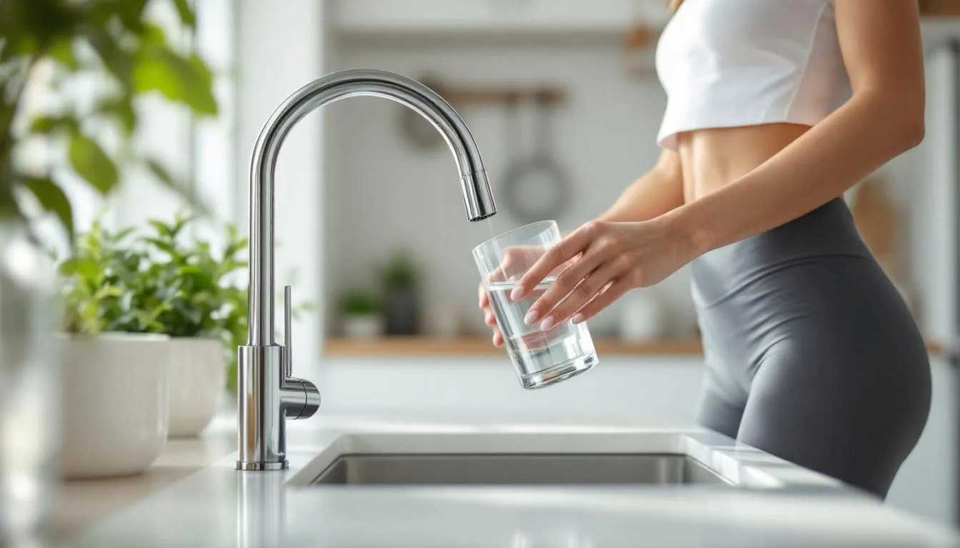 Sportliche Frau trinkt gefiltertes Wasser