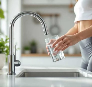 Sportliche Frau trinkt gefiltertes Wasser