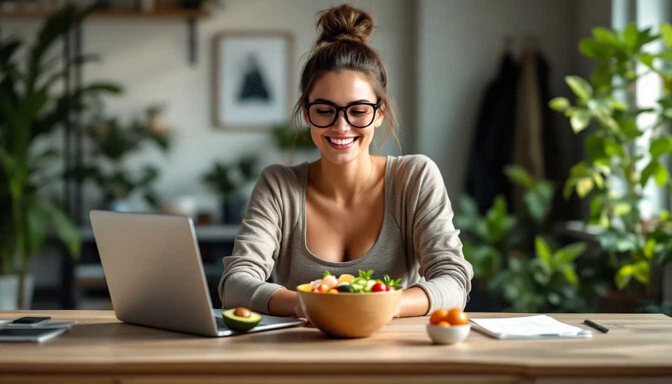 Eine Frau sitzt am Computer. Es steht eine Bowl-Schale mit gesundem Mittagessen auf dem Tisch