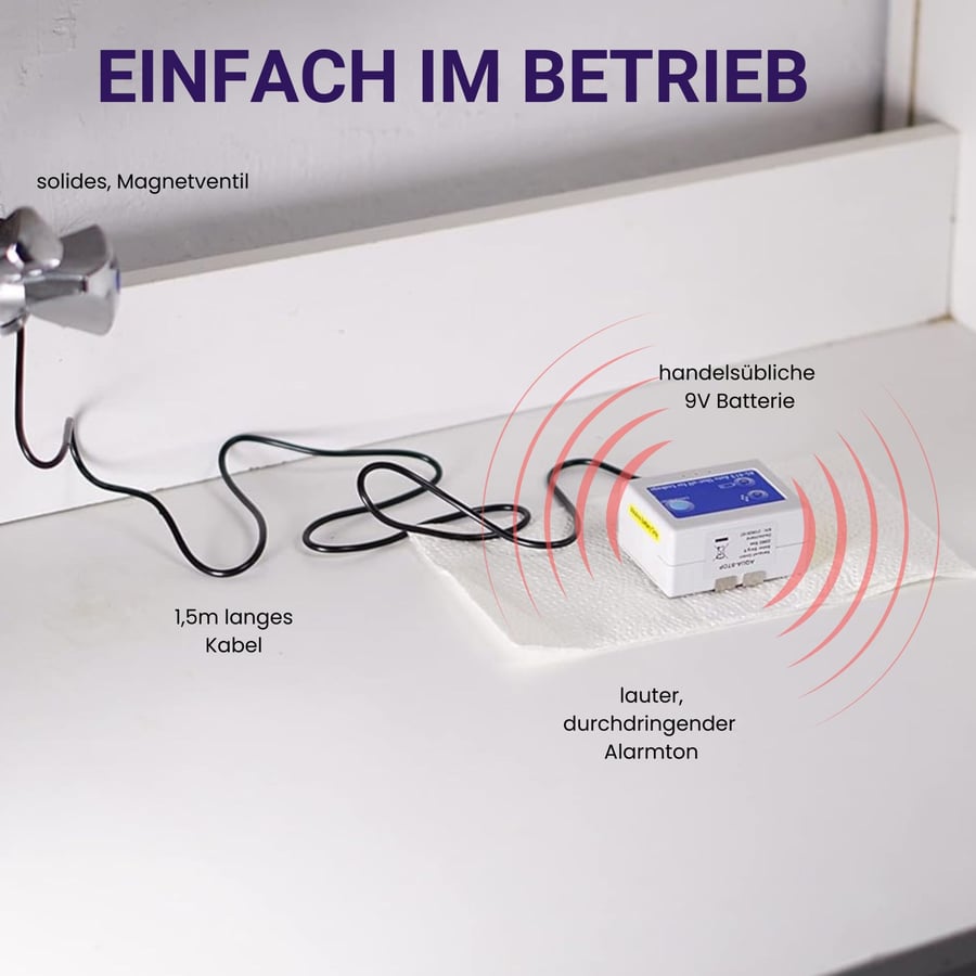 AQUA STOP im Einsatz: Magnetventil, 1,5 Meter Kabel, Sensoreinheit mit 9-Volt-Batterie und Alarmton