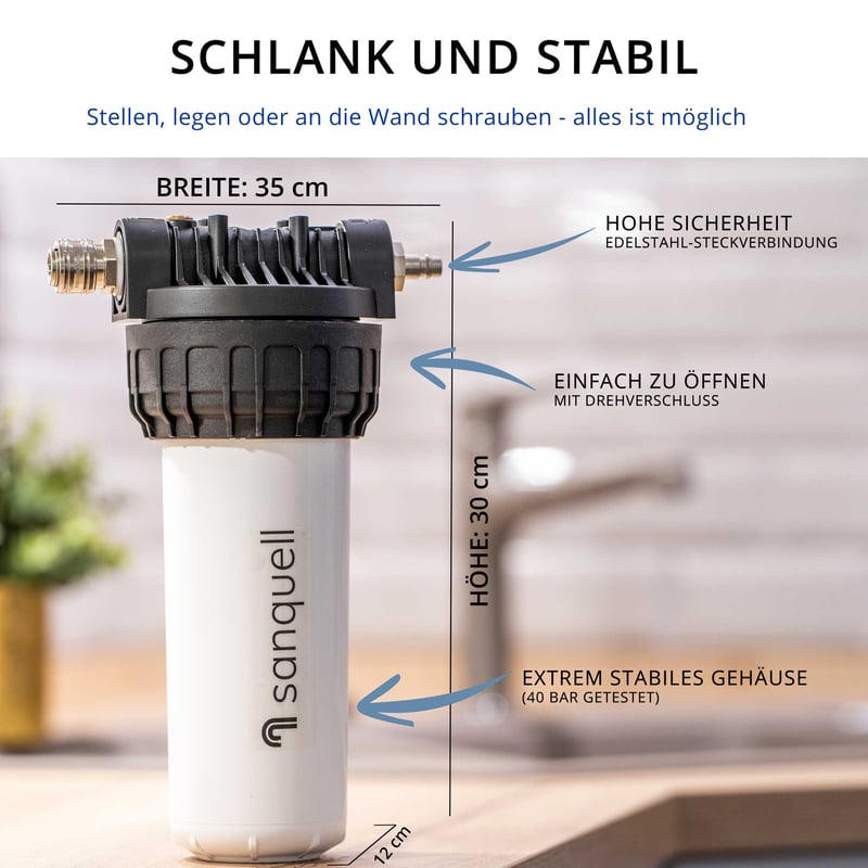 Maßzeichnung des Untertisch-Wasserfilters: Breite 35 cm, Höhe 30 cm