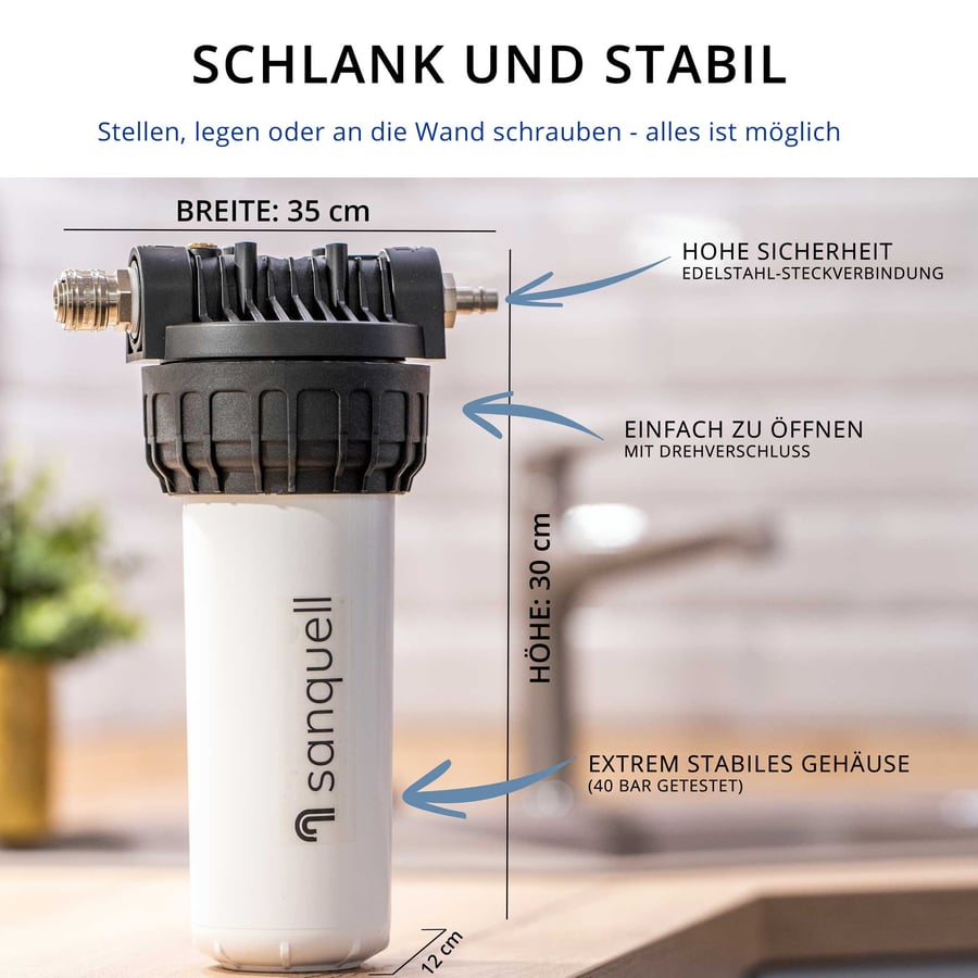 Maßzeichnung des Untertisch-Wasserfilters: Breite 35 cm, Höhe 30 cm