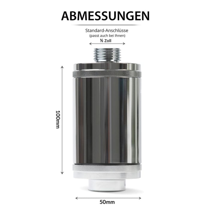 Longlife Legionellenfilter mit Maßen: 100 mm hoch, 50 mm Durchmesser, 1/2-Zoll-Anschlüsse