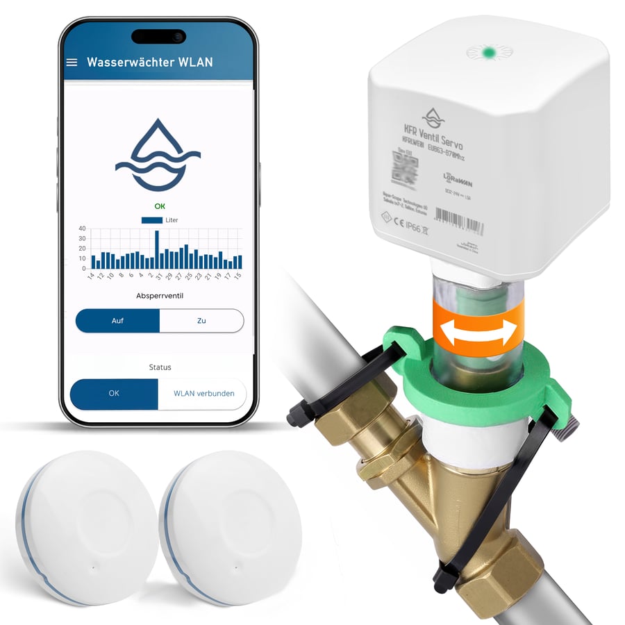 Wasserwächter Komplettset: Stellmotor, Steuergerät, Sensoren und App