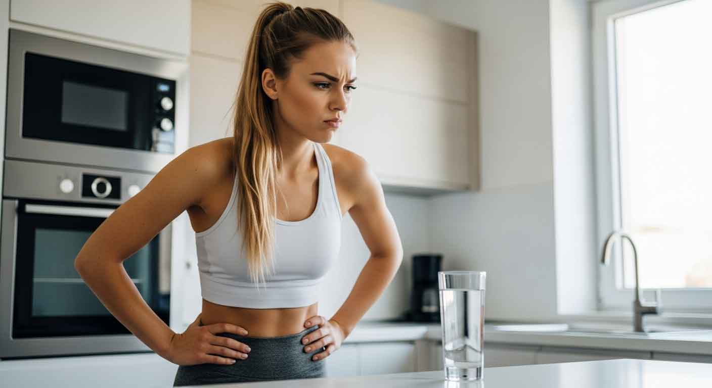 Frau schaut skeptisch das Wasserglas an