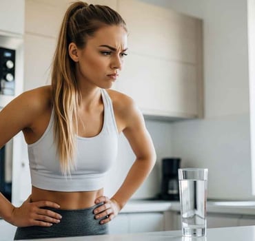 Frau schaut skeptisch das Wasserglas an
