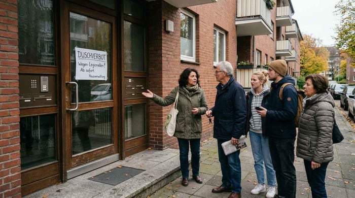 Menschen vor einem Mehrfamilienhaus