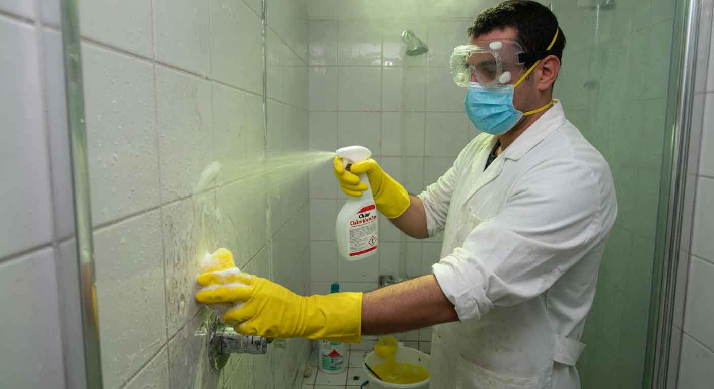 Ein Mann reinigt die Dusche mit Chlor