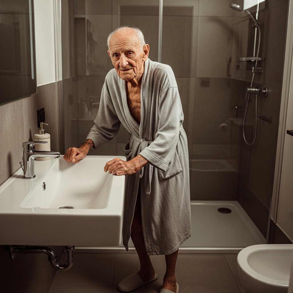 Ein älterer Mann im Badezimmer