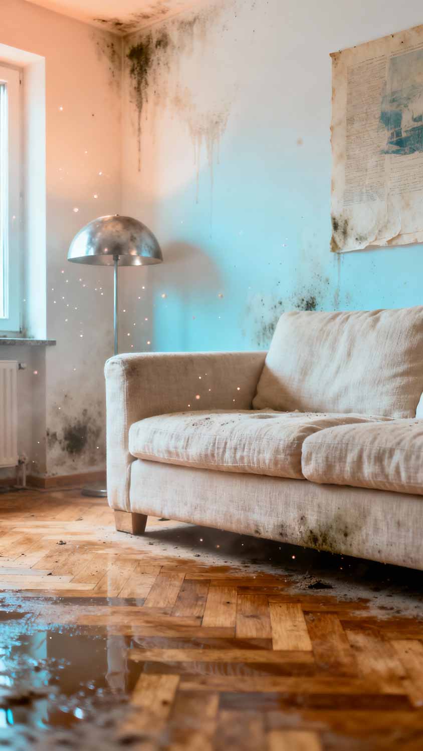 Wasserschaden im Wohnzimmer mit Schimmel an der Wand