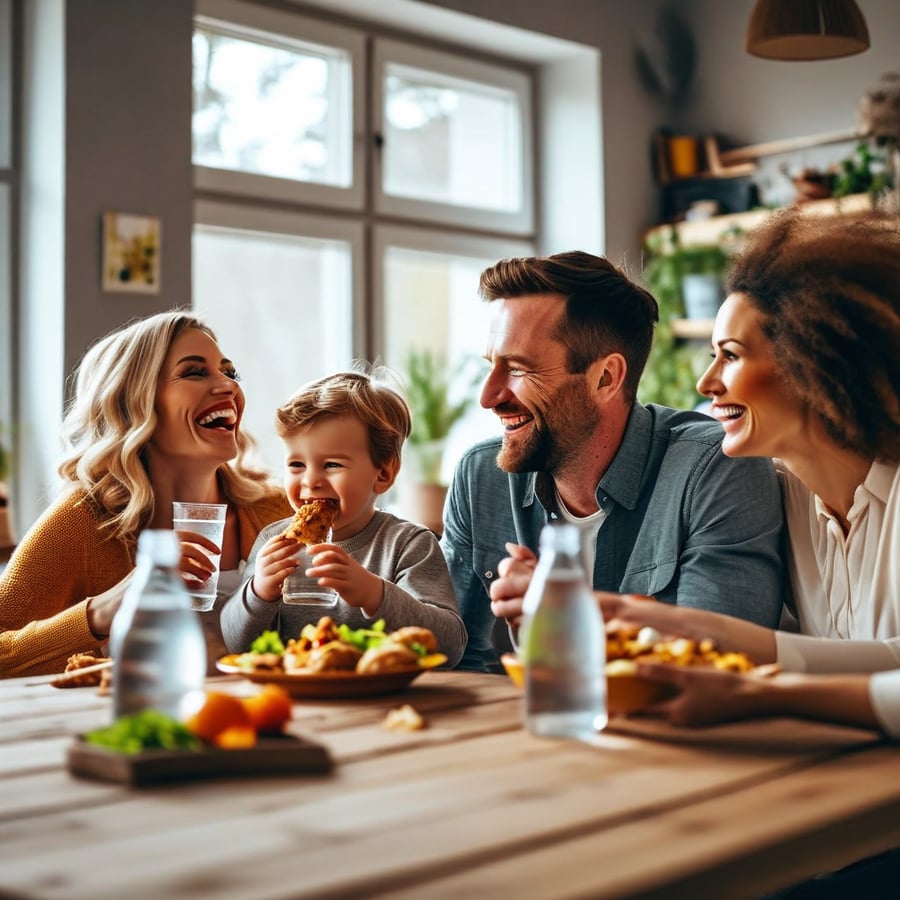 Familie sitzt lachend beim Essen, auf dem Tisch Karaffen mit Wasser