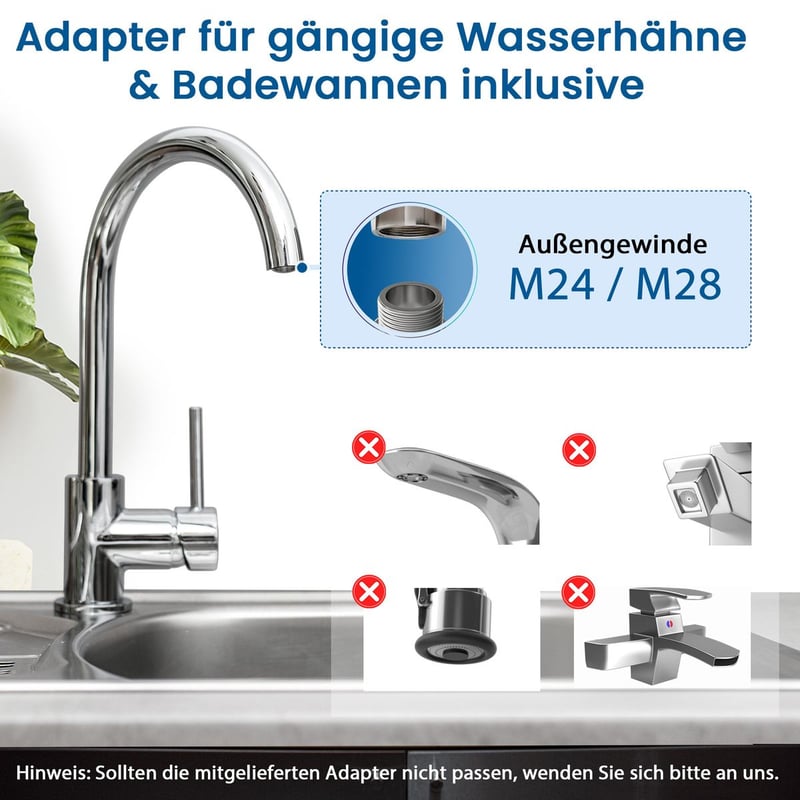 Adapter für gängige Wasserhähne und Badewannen mit Außengewinde M24 und M28, nicht passende Armaturtypen durchgestrichen