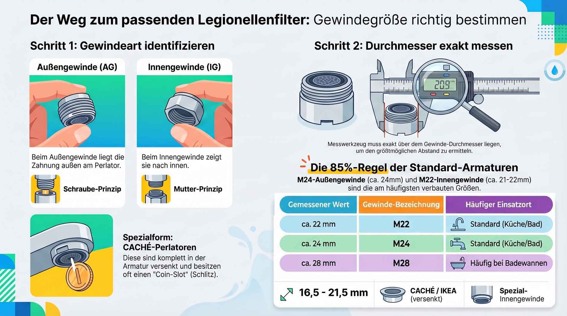 Gewindegröße richtig bestimmen: Schritt 1 Außengewinde (AG) oder Innengewinde (IG) erkennen, Schritt 2 Durchmesser messen. M22 ca. 22 mm, M24 ca. 24 mm, M28 ca. 28 mm