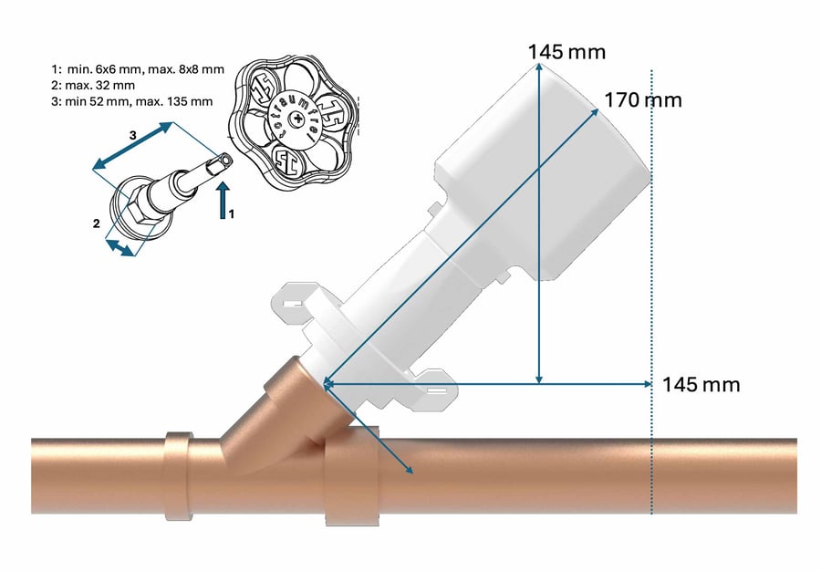 Maßzeichnung: Einbaumaße des Stellmotors am Schrägsitzventil