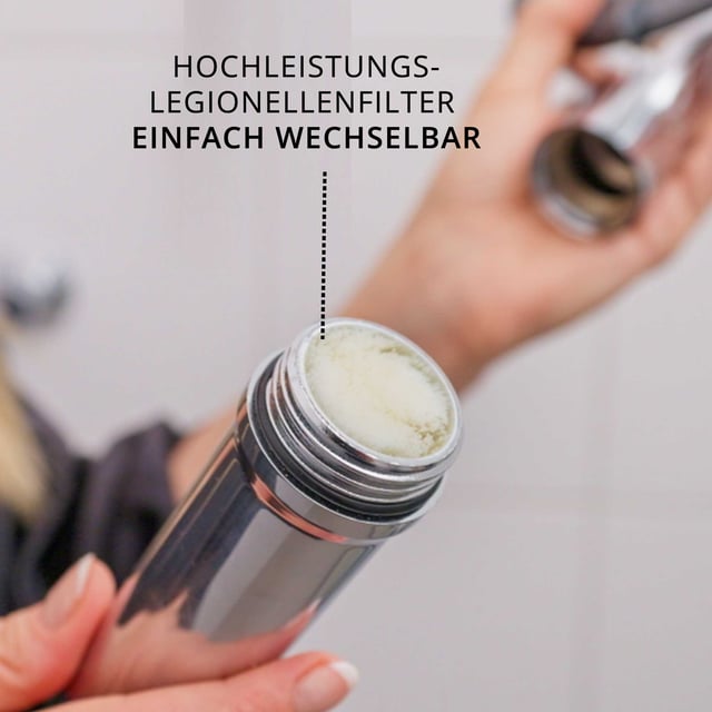 Hand hält den herausgenommenen Wechselfilter des Safety Chrom Premium
