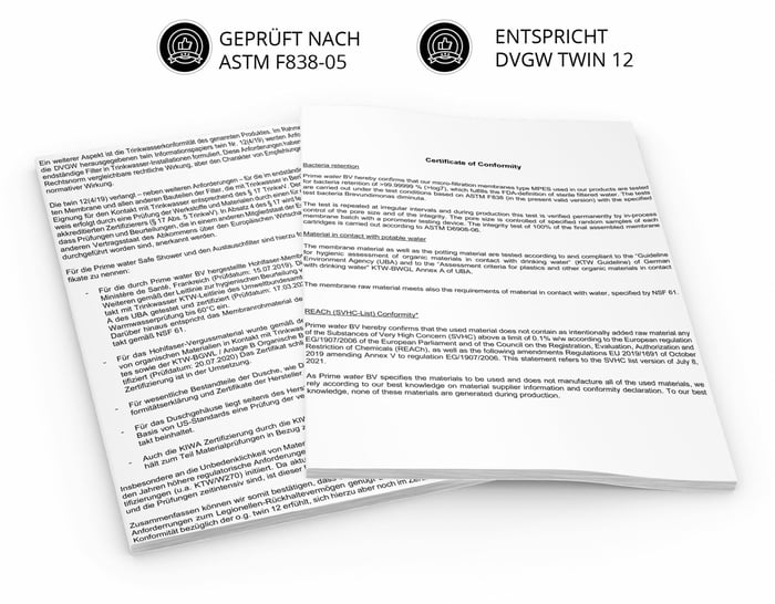 Prüfdokumente zum Legionellenfilter Safety Chrom