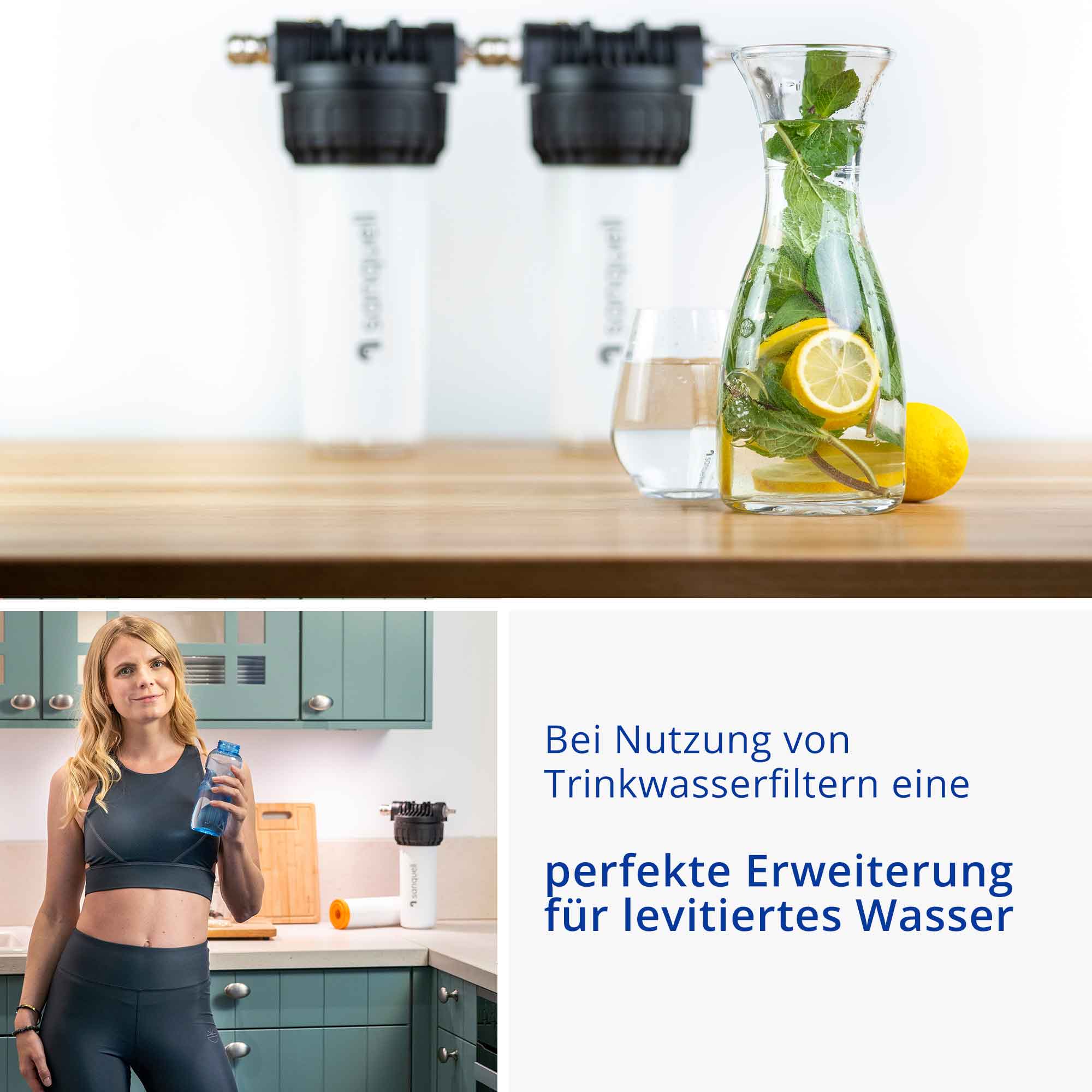 Sanquell Wasserfilter mit Karaffe und Glas Wasser