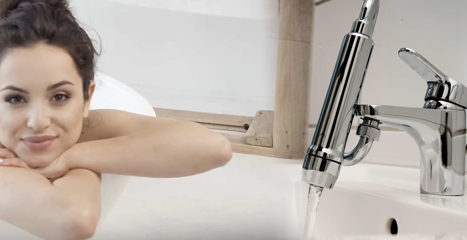 Frau entspannt in der Badewanne, daneben die Armatur mit Safety Tap Premium