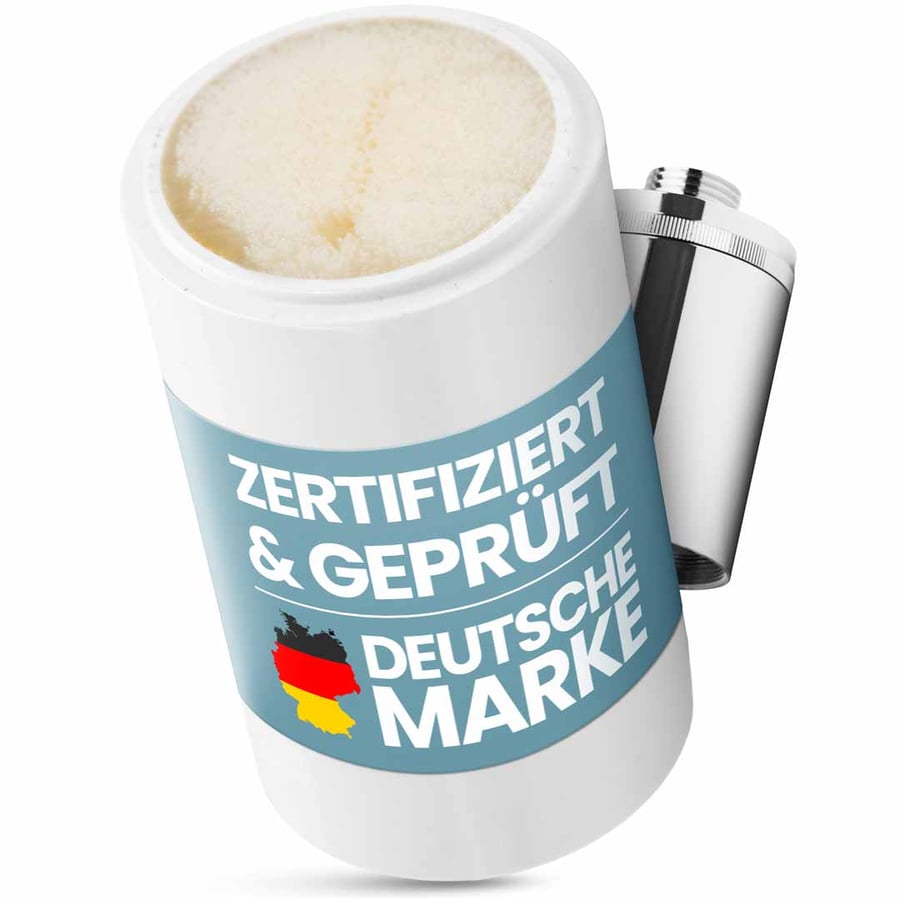 Wechselfilter-Patrone für den Longlife Legionellenfilter, dahinter das Chromgehäuse
