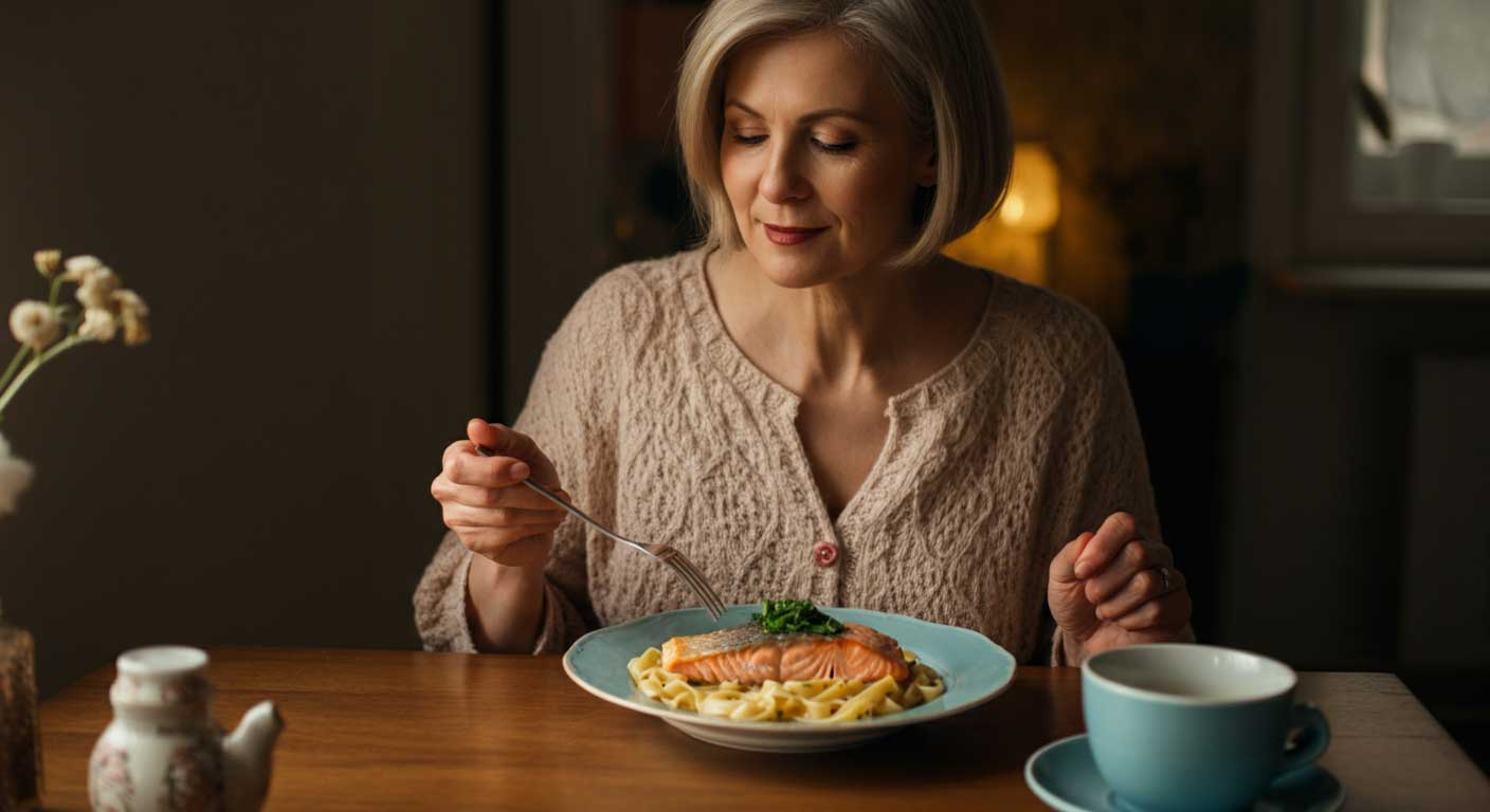 Eine Frau um die 50 Jahre isst Lachs