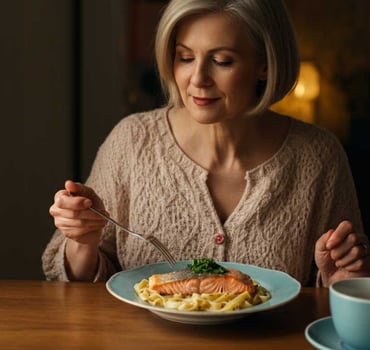 Eine Frau um die 50 Jahre isst Lachs