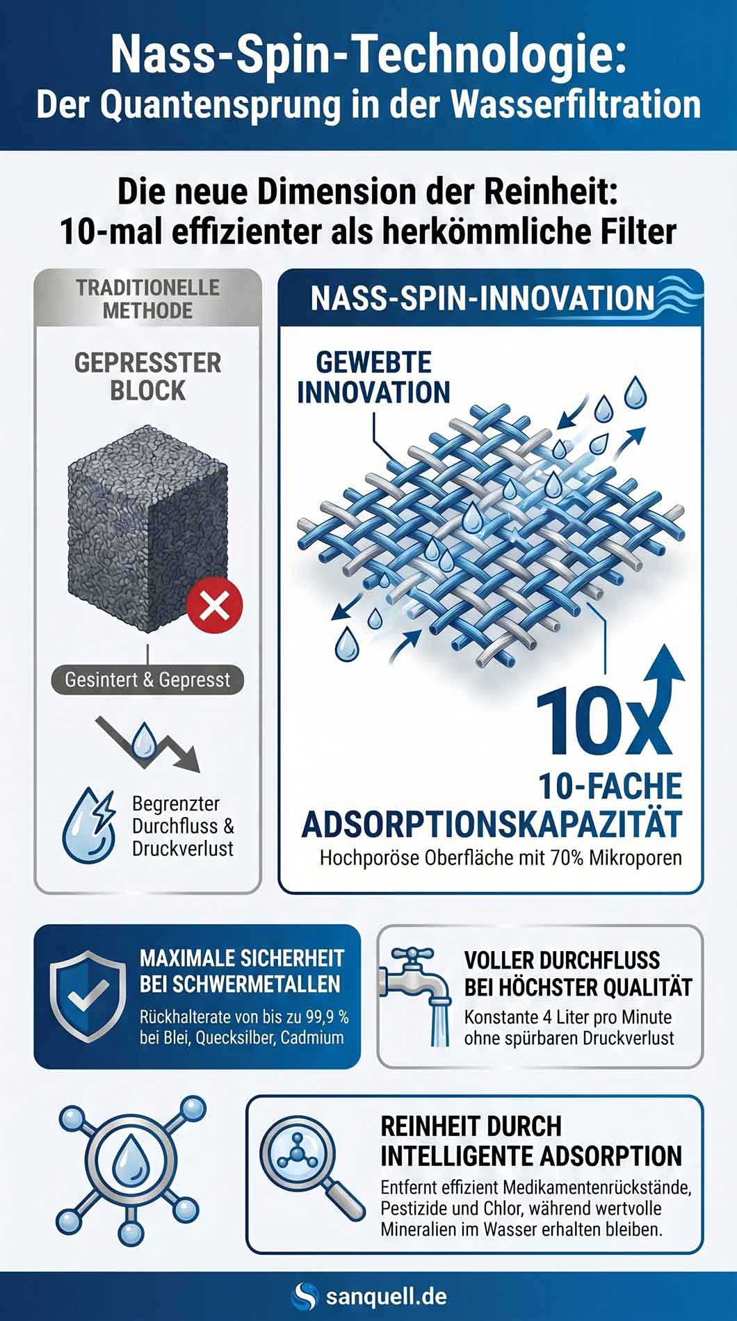 Infografik zur Nass-Spin-Technologie mit Vergleich, Adsorptionskapazität und Durchfluss