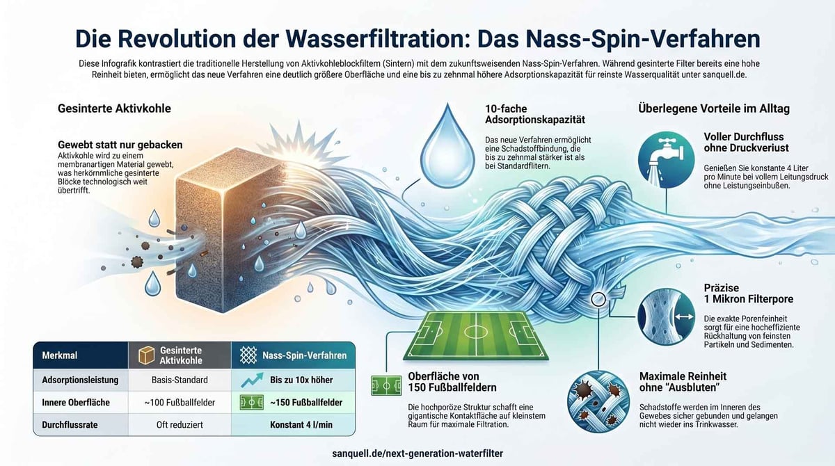 Infografik: Vergleich von gesinterter Aktivkohle und dem Nass-Spin-Verfahren